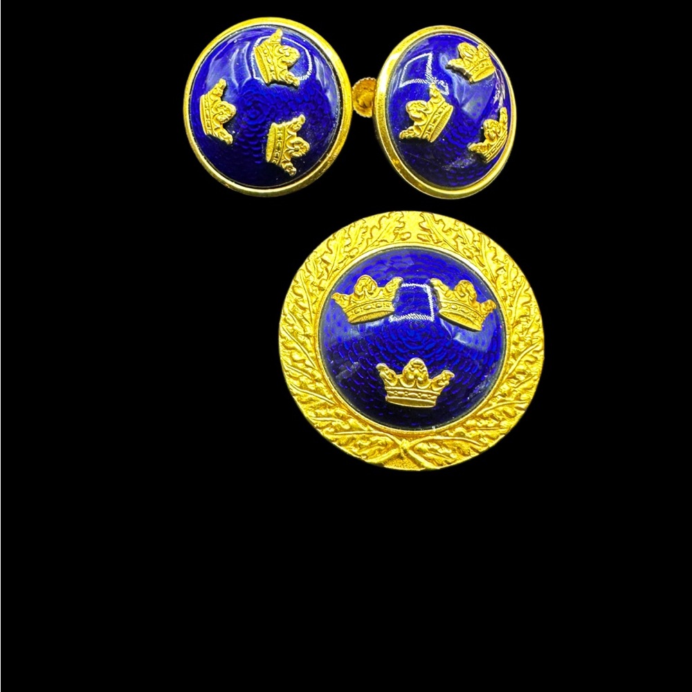 Vintage Blue Enamel Three Crown Brooch & Earrings Set